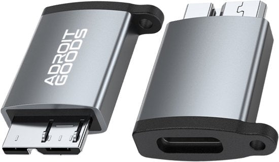 grijs metalen AdroitGoods adapter met micro-USB en USB-C aansluitingen voor apparaten