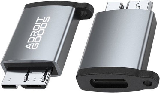 grijs metalen AdroitGoods adapter met micro-USB en USB-C aansluitingen voor apparaten