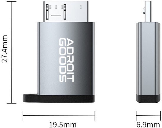 grijze compacte adaptor met micro-usb aansluiting en afmetingen in millimeters weergegeven