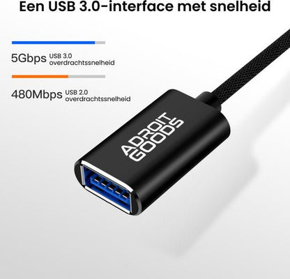 Zwarte USB 3.0 kabelconnector met blauwe binnenkant en AdroitGoods logo zichtbaar