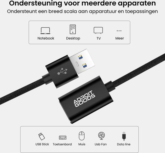 Zwarte USB-kabel van Adroit Goods geschikt voor notebooks, desktops, tv's en meer apparaten