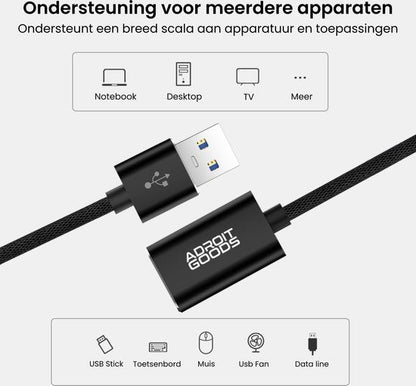 Zwarte USB-kabel van Adroit Goods geschikt voor notebooks, desktops, tv's en meer apparaten
