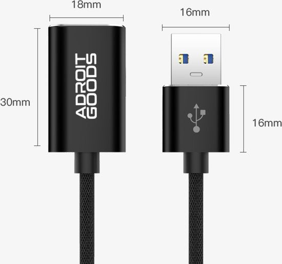 Zwarte USB-kabel met Adroit Goods-logo en afmetingen van connectoren weergegeven in millimeters.