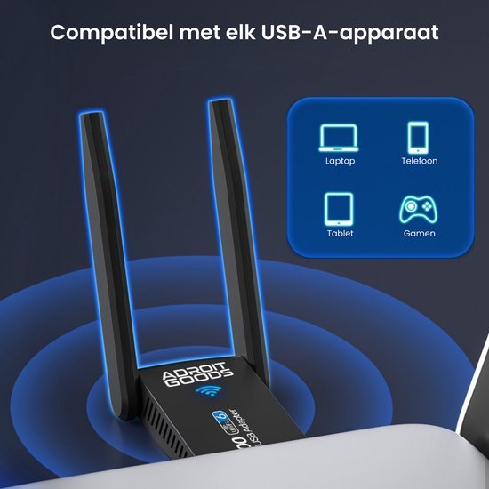Draadloze adapter met twee antennes, compatibel met elk USB-A-apparaat zoals laptop en telefoon