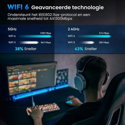 Man met headset speelt videogames met WiFi 6 snelheidsspecificaties zichtbaar op scherm