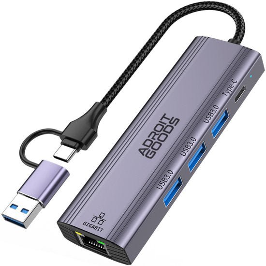 grijze multifunctionele usb-hub met usb-c, usb 3.0 poorten en gigabit ethernet aansluiting