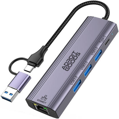 grijze multifunctionele usb-hub met usb-c, usb 3.0 poorten en gigabit ethernet aansluiting