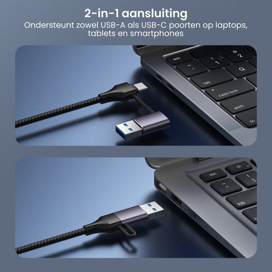 Zwarte 2-in-1 kabel met USB-A en USB-C aansluiting bij een laptoppoort in professioneel overzicht