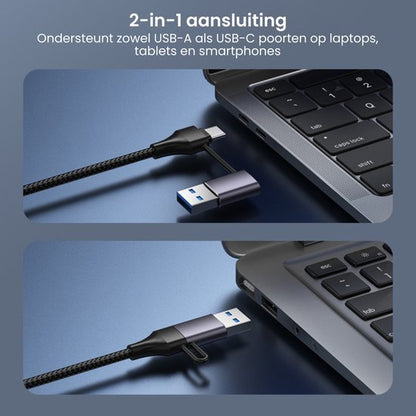 Zwarte 2-in-1 kabel met USB-A en USB-C aansluiting bij een laptoppoort in professioneel overzicht