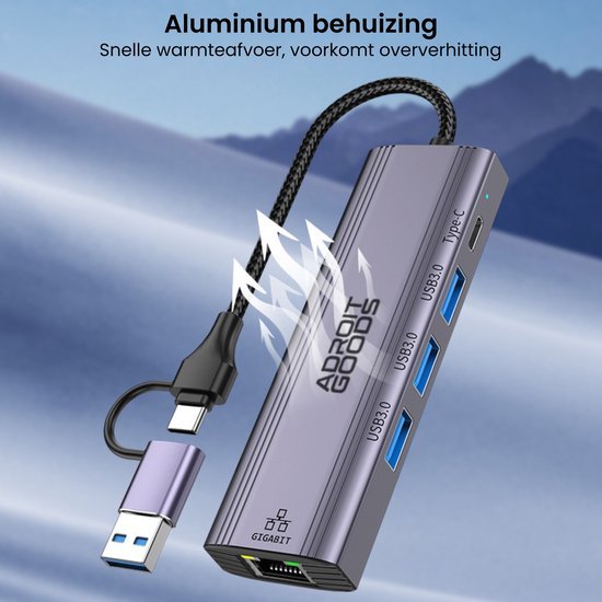 grijs aluminium hub met meerdere USB-poorten en snelle warmteafvoer tegen oververhitting