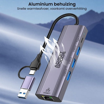 grijs aluminium hub met meerdere USB-poorten en snelle warmteafvoer tegen oververhitting