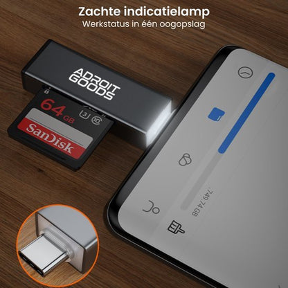 Usb-c kaartlezer met zacht wit indicatielampje en sandisk geheugenkaart van 64 GB