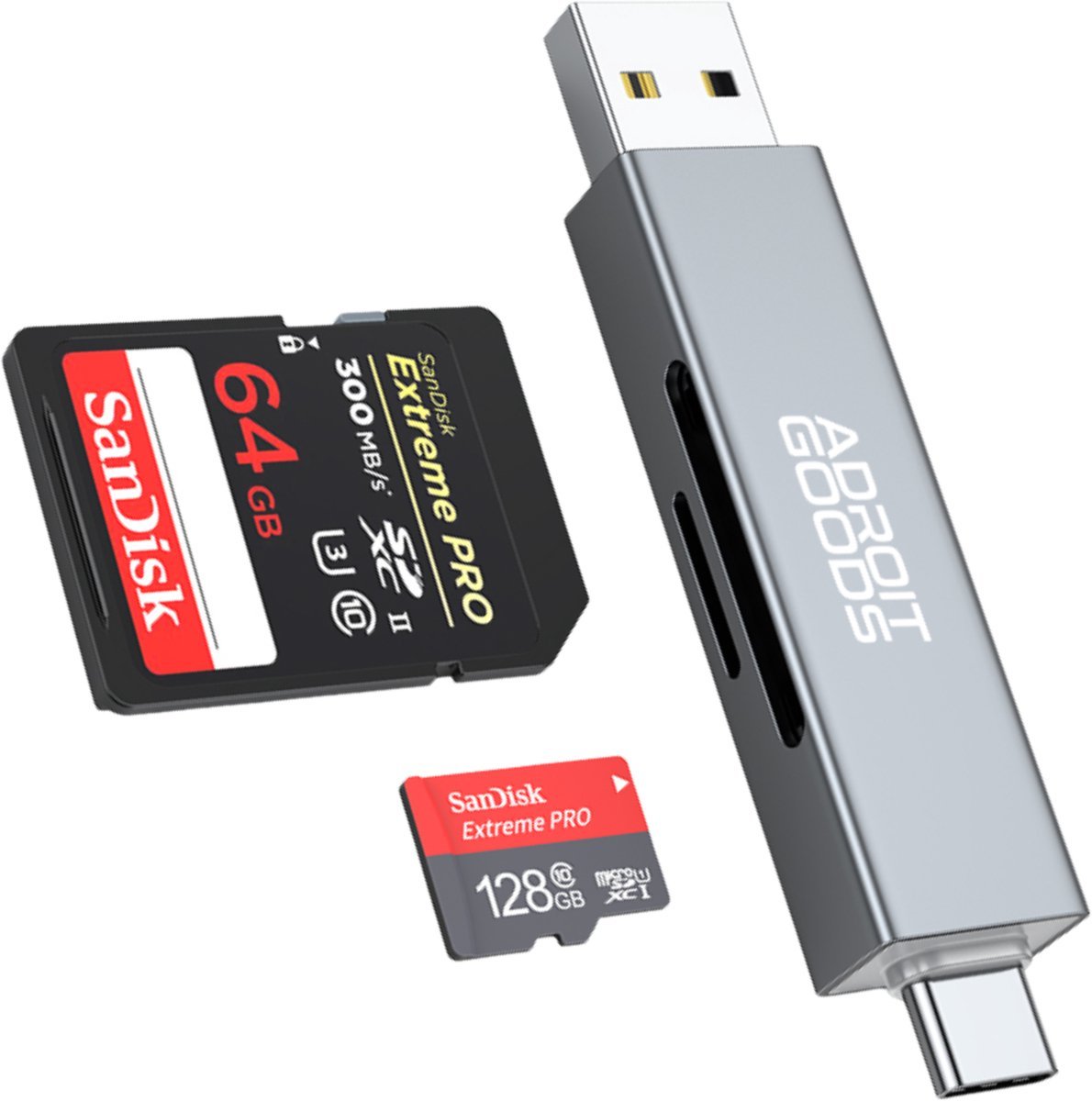 64GB en 128GB geheugenkaarten naast een zilveren USB-kaartlezer van Adroit Goods