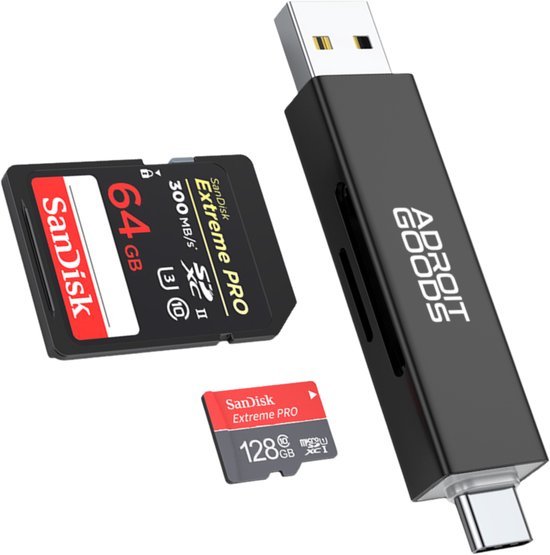zwart USB-kaartlezer met SD- en microSD-kaarten naast elkaar in een witte achtergrond