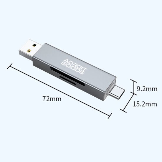 grijze usb-stick met adroit goods logo en afmetingen voor type c en usb aansluiting