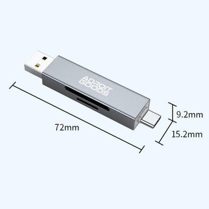 grijze usb-stick met adroit goods logo en afmetingen voor type c en usb aansluiting