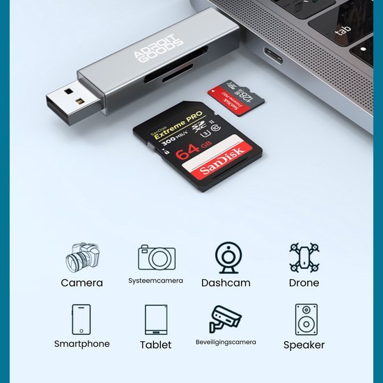 USB-kaartlezer verbonden met laptop met verschillende geheugenkaarten en iconen van apparaten eronder