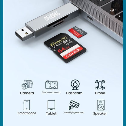 USB-kaartlezer verbonden met laptop met verschillende geheugenkaarten en iconen van apparaten eronder