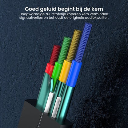 Kleurgecodeerde koperen kabels met isolatie, benadrukt hoge audiokwaliteit en signaalbehoud.
