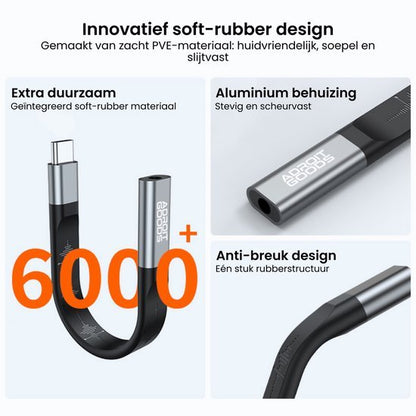 Close-up van een duurzaam kabelontwerp met aluminium behuizing en zacht rubber materiaal