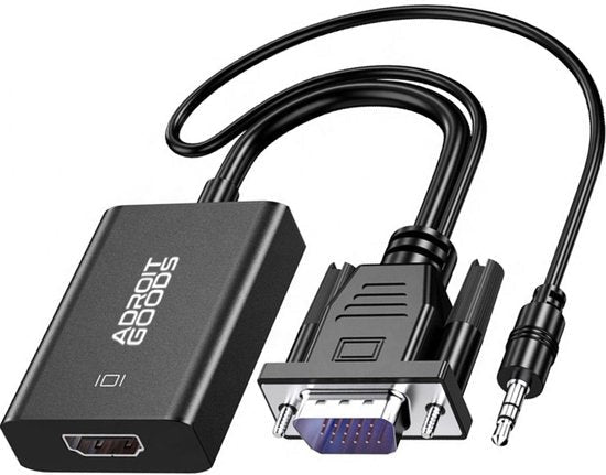 Zwarte AdroitGoods kabeladapter met HDMI, VGA en audio jack verbindingen voor scherpe beeld- en geluidsoverdracht