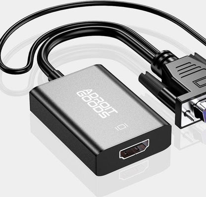 Zwarte AdroitGoods adapter met HDMI-uitgang en aangesloten VGA-kabel voor videoverbindingen.