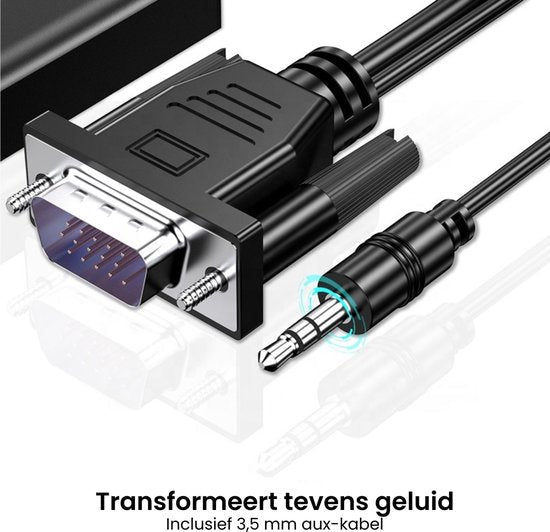 Zwarte kabel met VGA-connector en 3,5 mm audiojack voor geluidsverbinding