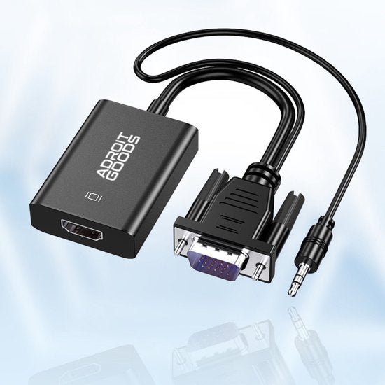 Zwarte kabeladapter met VGA-, audio- en HDMI-aansluitingen voor video- en geluidssignalen