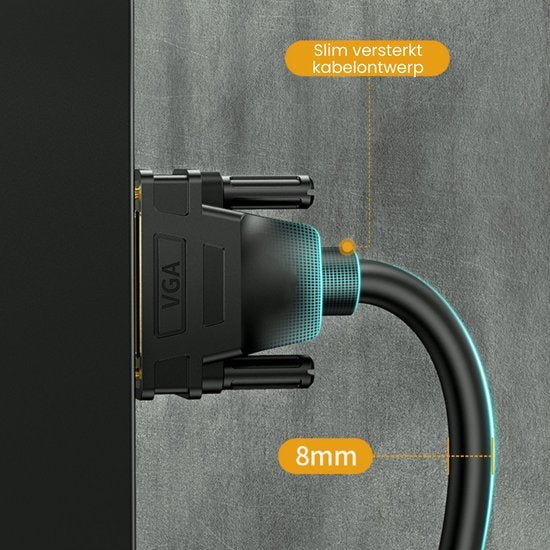 Zwarte VGA-kabel met versterkte, flexibele aansluiting en een dikte van 8 millimeter