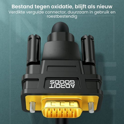 Zwarte connector met vergulde pinnen, duurzaam, roestbestendig en bestand tegen oxidatie.