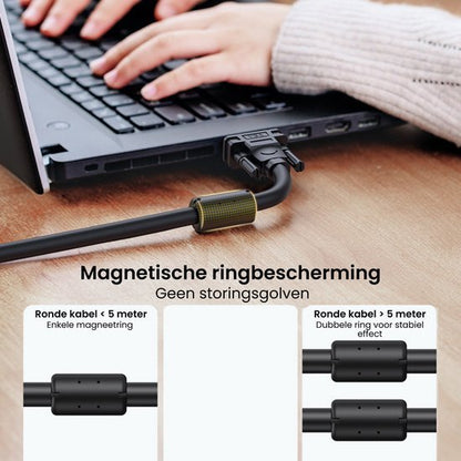 Hand die typt op laptop met aangesloten magnetische ringkabel voor storingsvrije verbinding