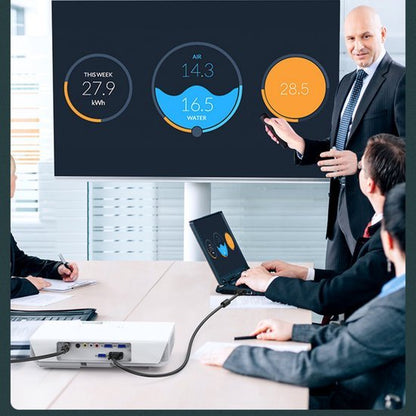 Zakelijke presentatie met statistieken over energieverbruik en water op scherm in vergaderruimte