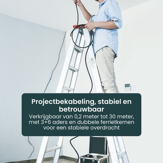 Man op ladder monteert kabel met kabelbox en tekst over betrouwbare projectbekabeling in achtergrond