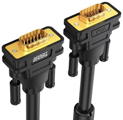 Zwarte videokabel met goudkleurige VGA-connectoren en schroefbevestigingen van AdroitGoods