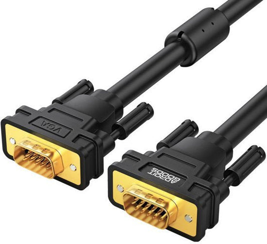 zwarte VGA-kabel met goudkleurige connectorpennen en dubbele schroefaansluitingen