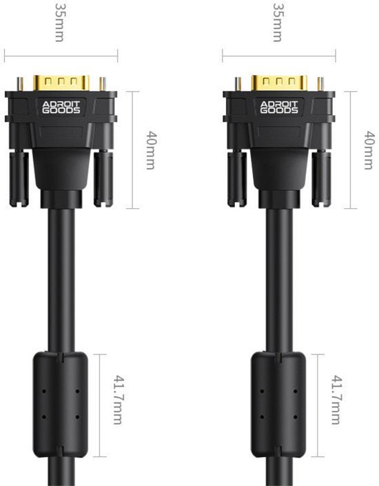Zwarte AdroitGoods kabel met goudkleurige connectoren en afmetingen aangegeven in millimeters