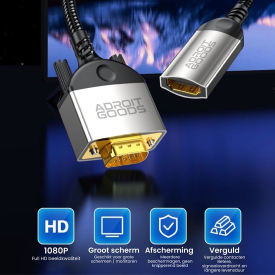 Zilverkleurige AdroitGoods kabel met vergulde connectoren en hoogwaardige afscherming voor schermen