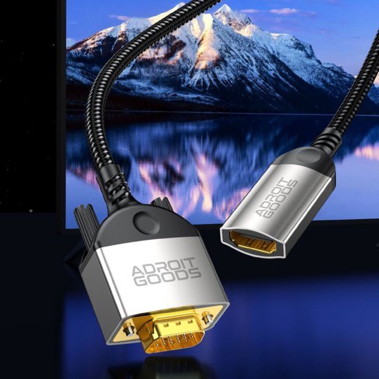 Zilverkleurige AdroitGoods kabeladapter met vergulde connectoren en zwarte kabelmantel