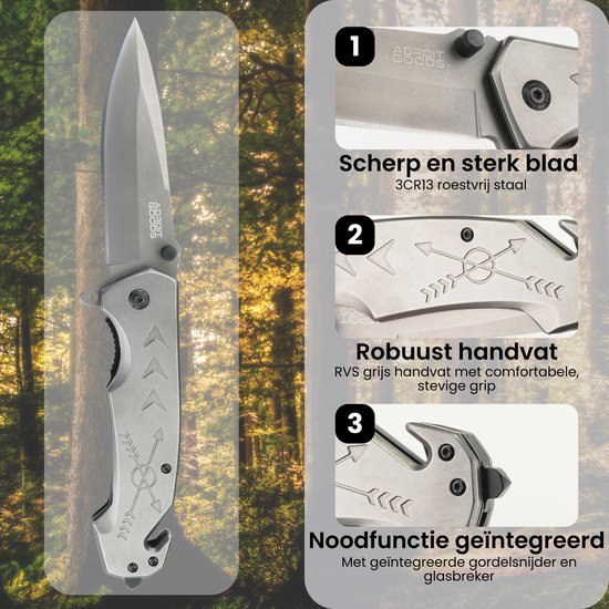 Vouwmes met scherp roestvrijstalen blad, robuust grijs handvat en noodfunctie geïntegreerd