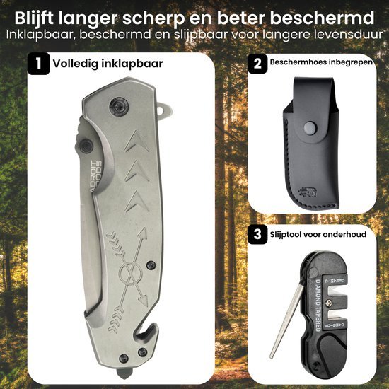 Inklapbaar zakmes met beschermhoes en slijptool voor onderhoud en langer gebruik