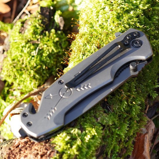 Opgevouwen scherp mes met metalen handvat liggend op groen mos in zonlicht