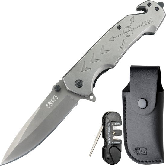 Vouwmes van roestvrij staal met grijze handgreep, slijper en zwarte leren hoes erbij