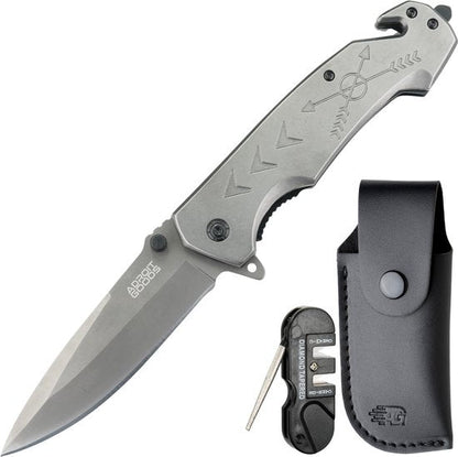 Vouwmes van roestvrij staal met grijze handgreep, slijper en zwarte leren hoes erbij