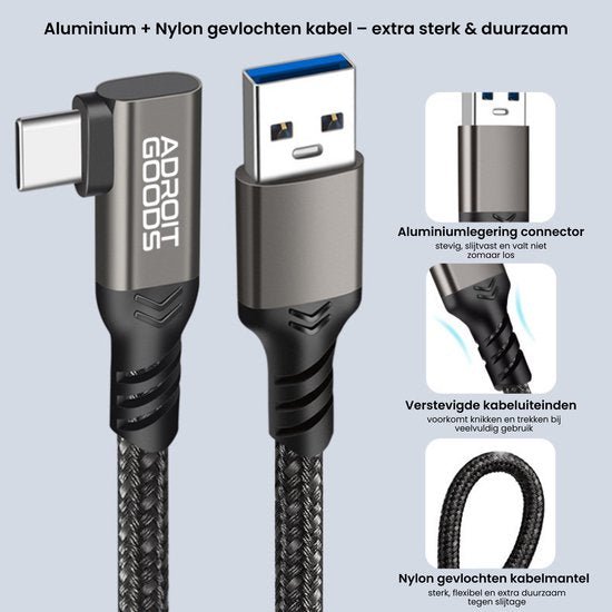 Duurzame aluminium en nylon gevlochten kabel met versterkte uiteinden en stevige connectoren.
