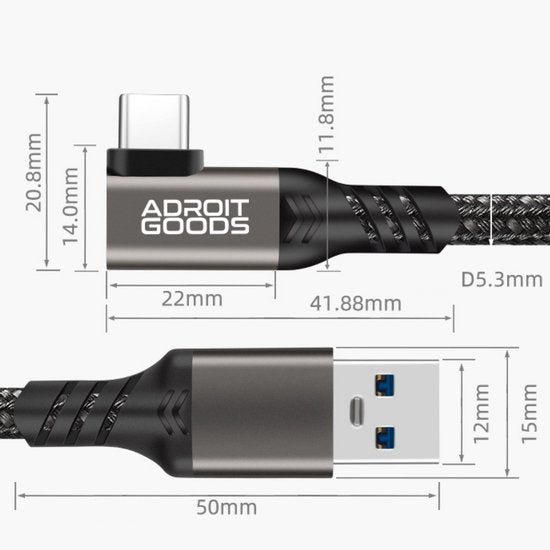 Zijaanzicht van een USB-kabel met afmetingen, hoekige USB-C en USB-A connectoren in zwart.