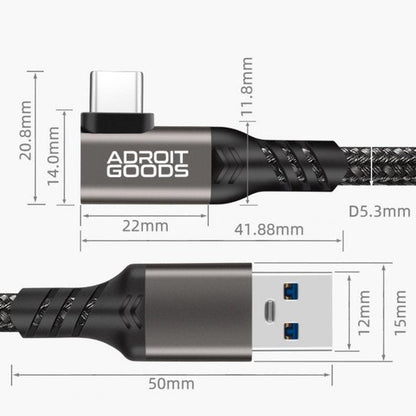 Zijaanzicht van een USB-kabel met afmetingen, hoekige USB-C en USB-A connectoren in zwart.