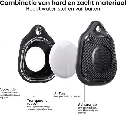 Zwarte AirTag houder met harde en zachte materialen, inclusief transparante rubber afdichting.