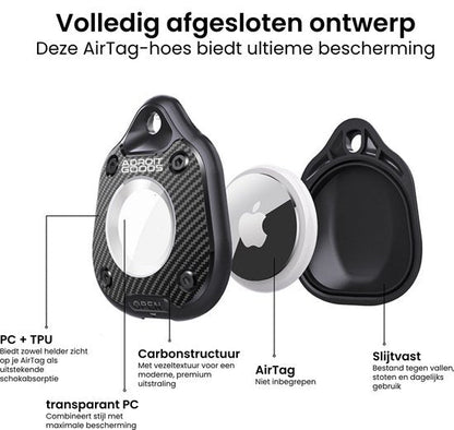 Zwarte AirTag-hoes met carbonstructuur en transparante voorkant voor optimale bescherming.
