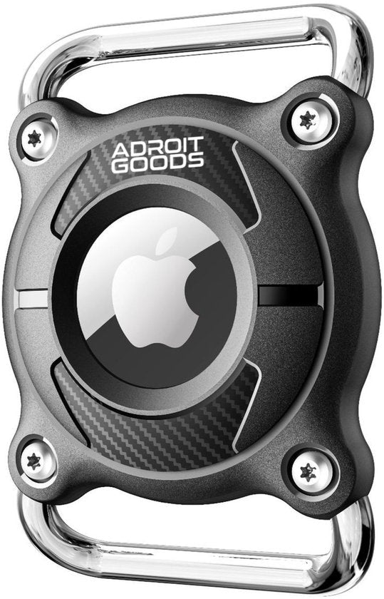 zwarte AdroitGoods houder met metalen karabijnhaak en ronde inzet met Apple logo