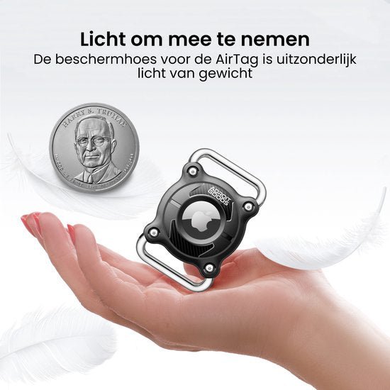 Hand met lichtgewicht zwarte beschermhoes en munt ter vergelijking van formaat en gewicht.